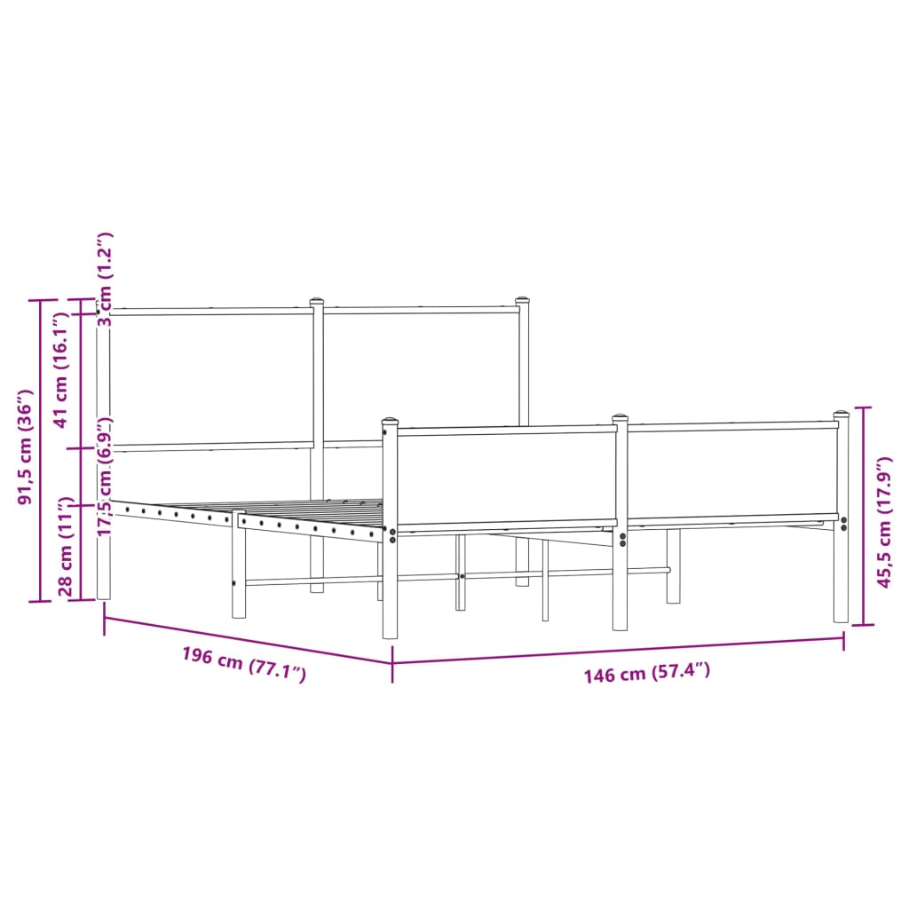 Cadre de lit en métal sans matelas chêne fumé 140x190 cm