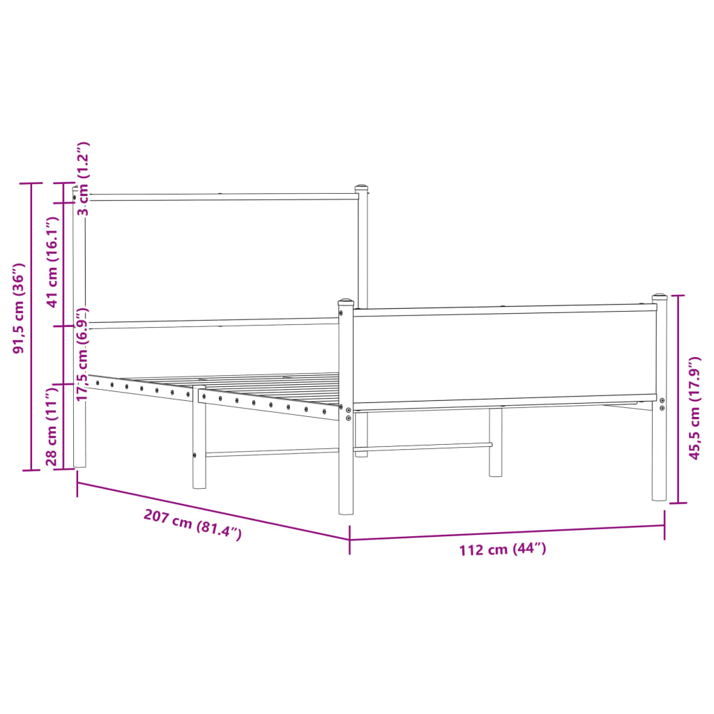 Cadre de lit en métal sans matelas chêne sonoma 107x203 cm