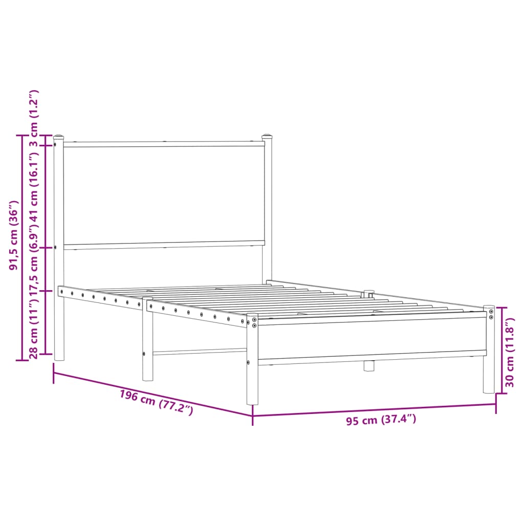 Metallbettgestell ohne Matratze, braune Eiche, 90 x 190 cm