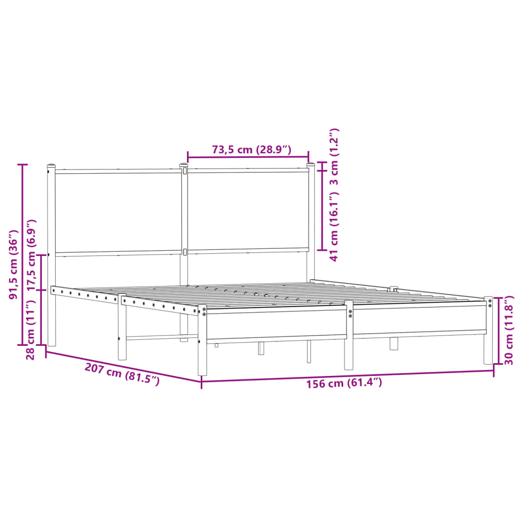 Metallbettgestell ohne Matratze, braune Eiche, 150 x 200 cm