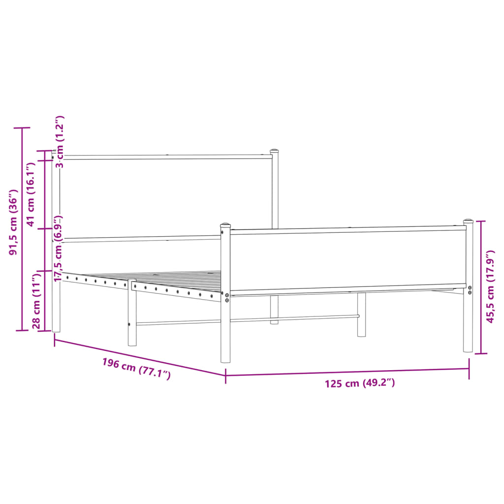 Cadre de lit en métal sans matelas chêne marron 120x190 cm