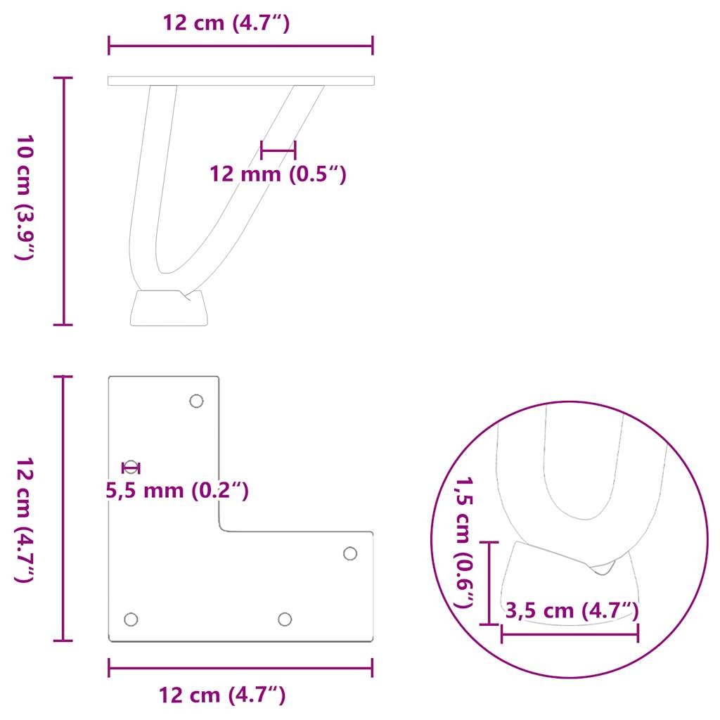 Pieds de table en forme d'épingle à cheveux 10 cm acier massif