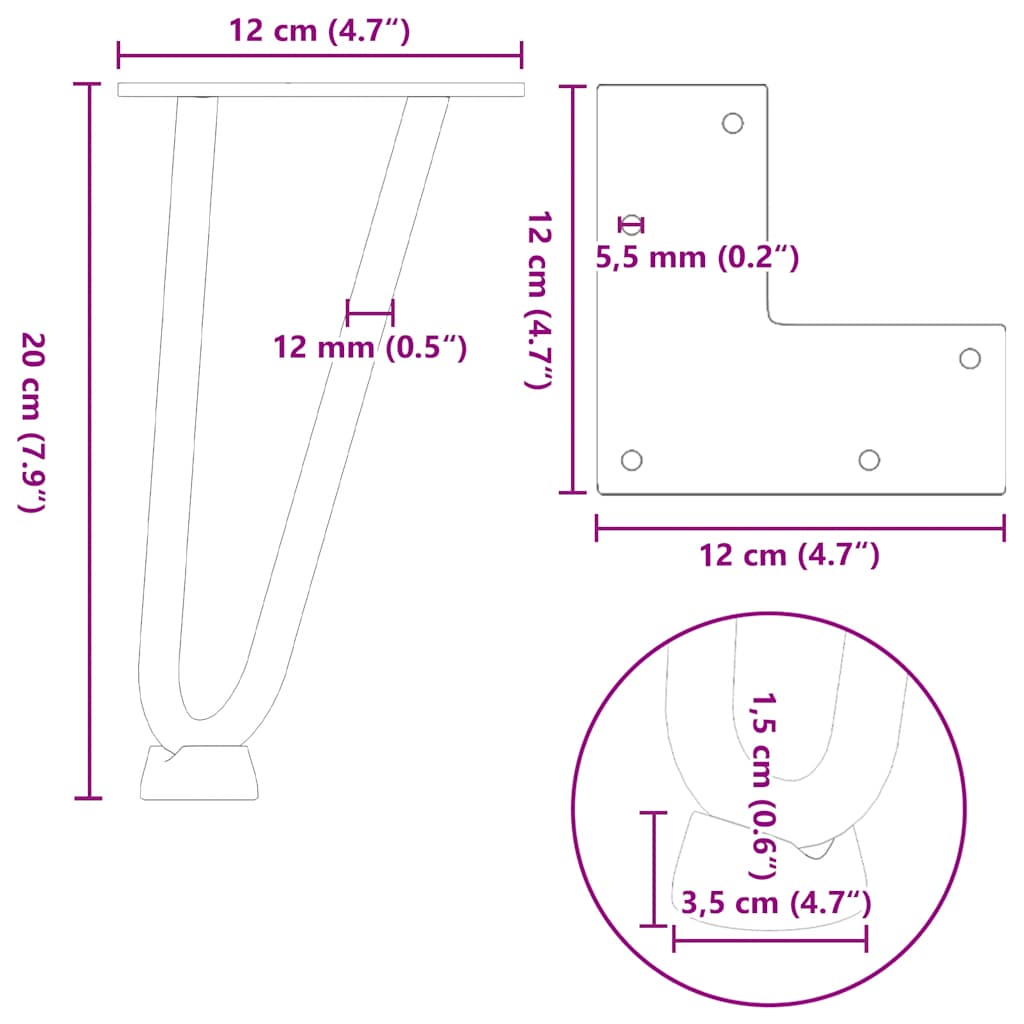 Pieds de table en forme d'épingle à cheveux 4 pcs blanc 20 cm