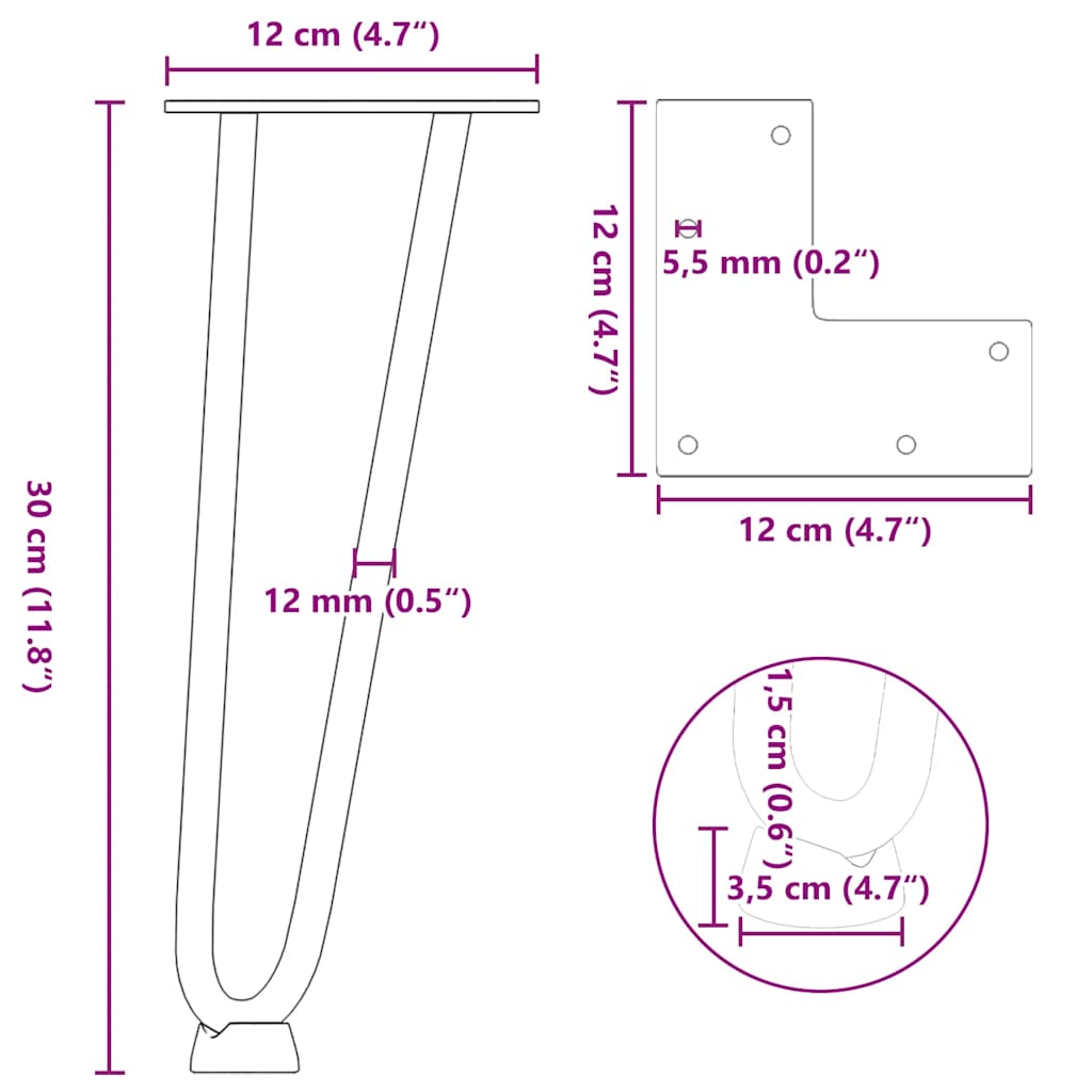 Pieds de table en forme d'épingle à cheveux 4 pcs noir 30 cm