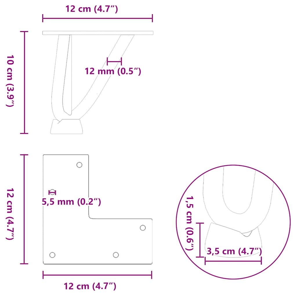 Pieds de table en forme d'épingle à cheveux 10 cm acier massif