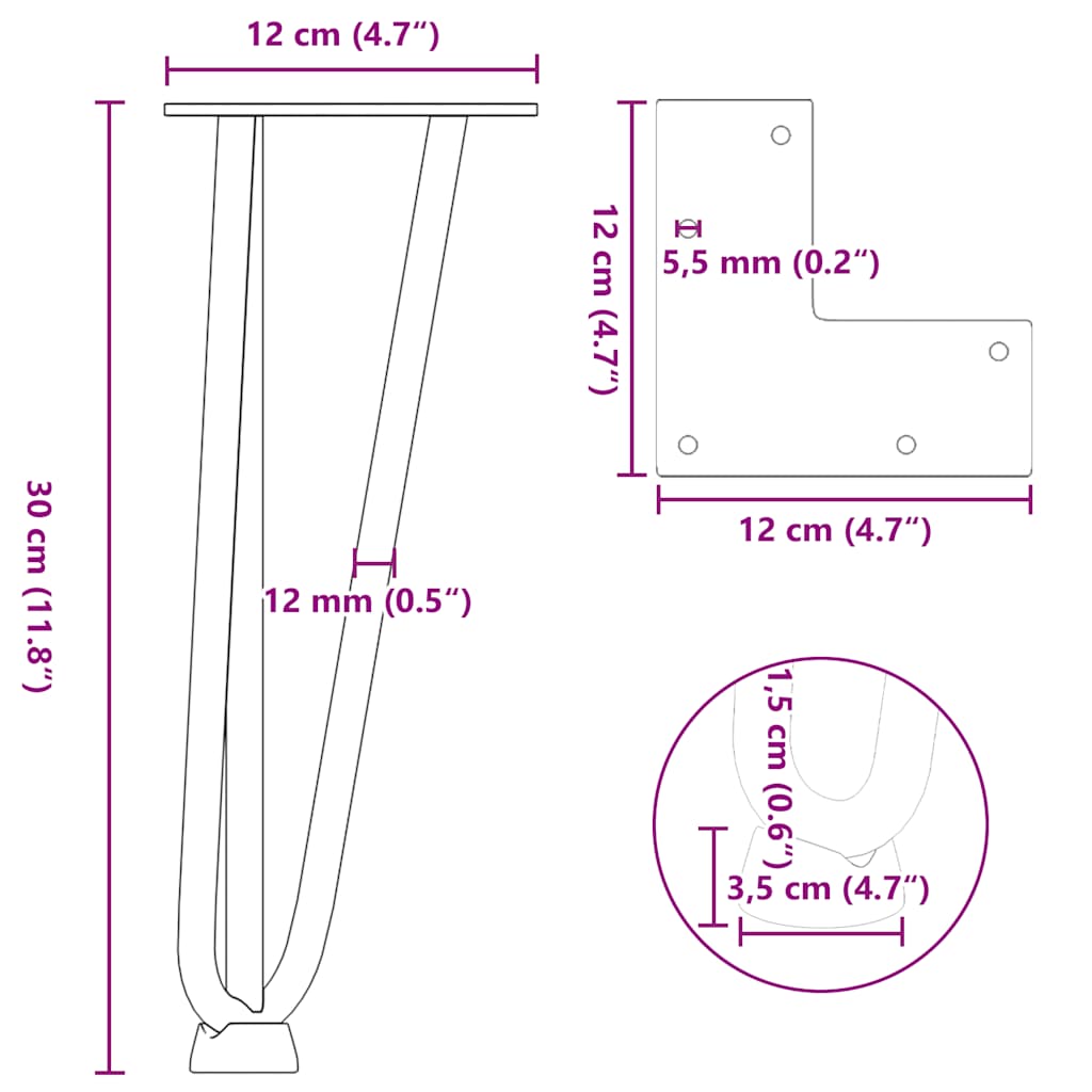 Pieds de table en forme d'épingle à cheveux 4 pcs noir 30 cm