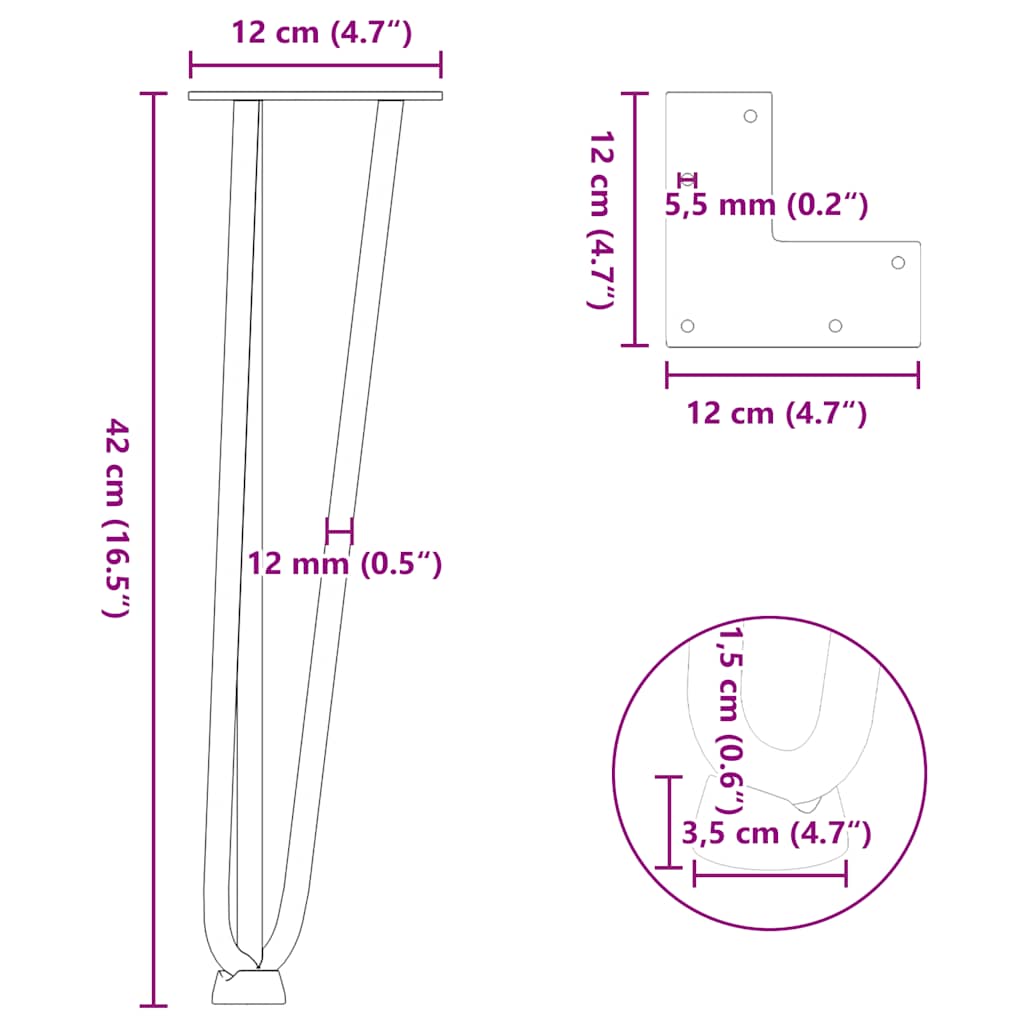 Haarnadelförmige Tischbeine 4 Stück schwarz 42 cm