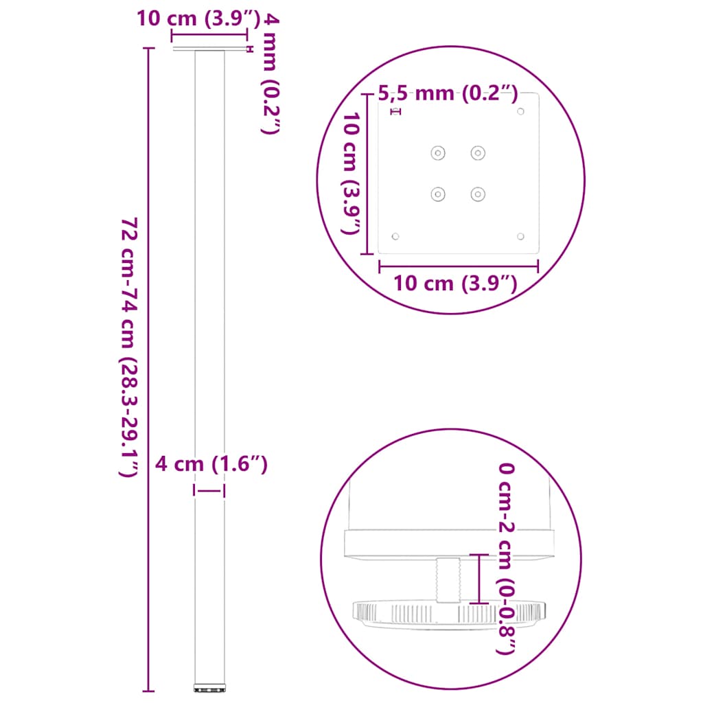 Pieds de table basse 4 pcs blanc 72-74 cm acier