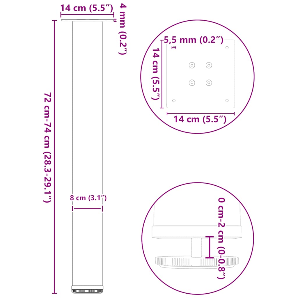 Pieds de table basse 4 pcs blanc 72-74 cm acier