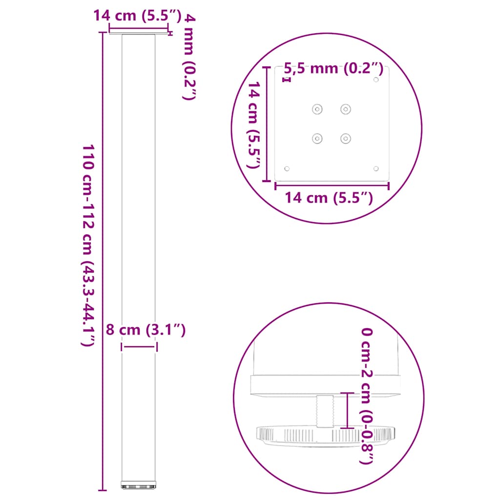 Pieds de table basse blanc 4 pcs 110-112 cm acier