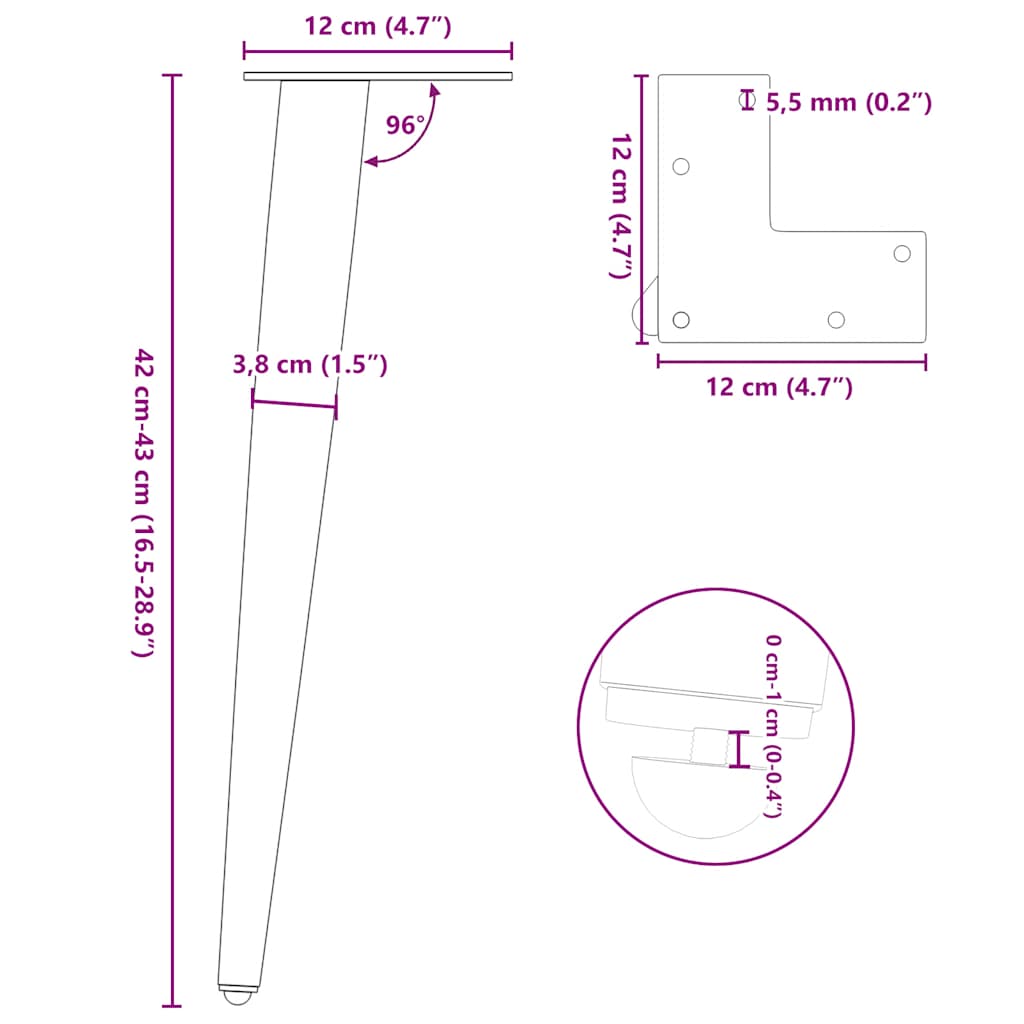 Pieds de table basse forme conique 4 pcs blanc 42-43 cm acier