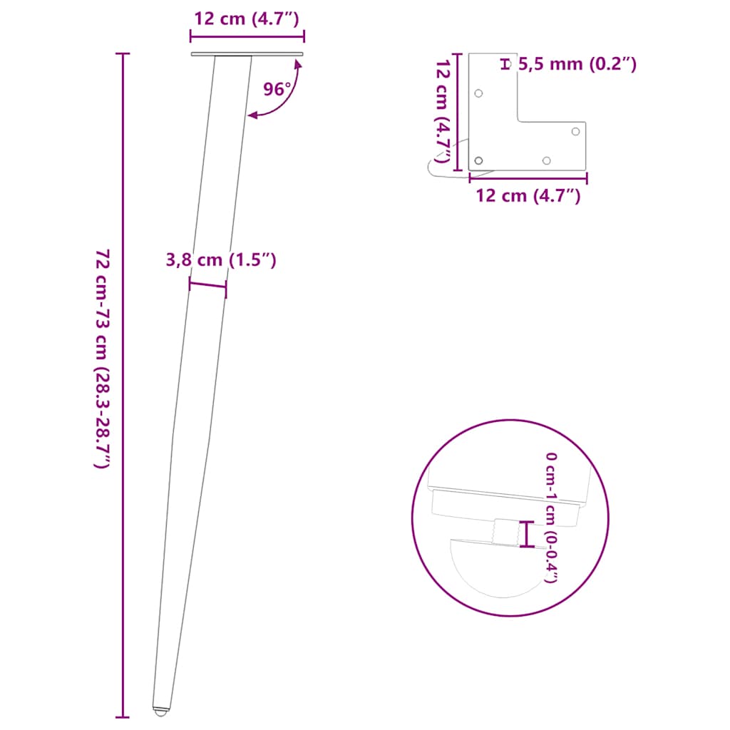 Pieds de table basse forme conique 4 pcs blanc 72-73 cm acier