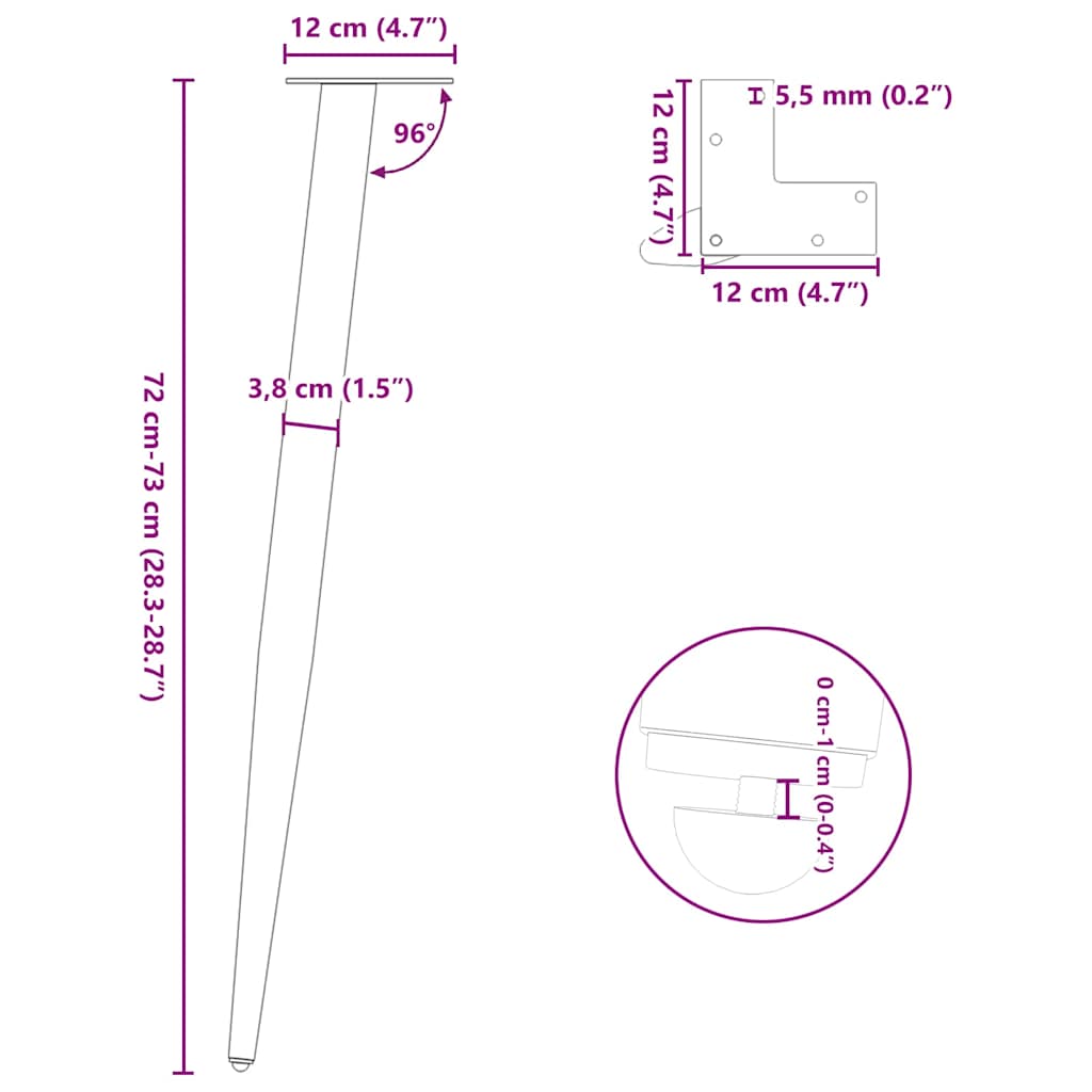 Couchtischbeine konische Form 4 Stück Anthrazit 72-73 cm