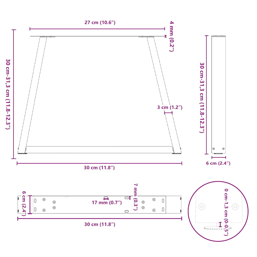 Dining table legs V shape 2pcs white 30x(30-31.3)cm steel