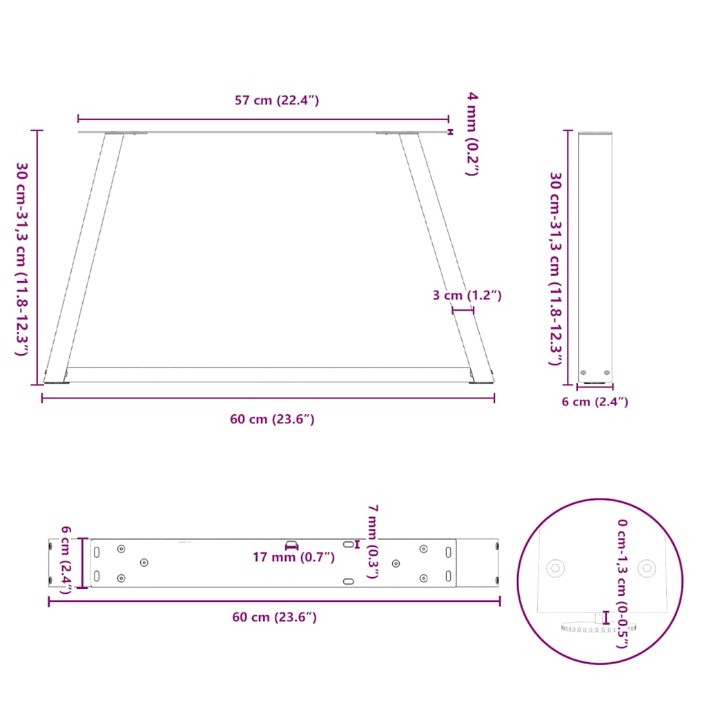 Dining table legs V shape 2 pcs black 60x(30-31.3)cm steel