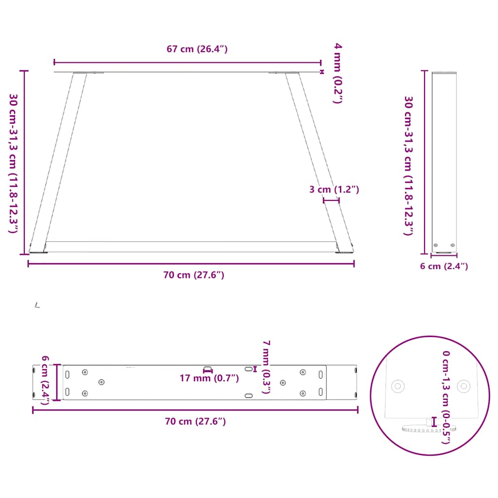 Dining table legs V shape 2 pcs black 70x(30-31.3)cm steel