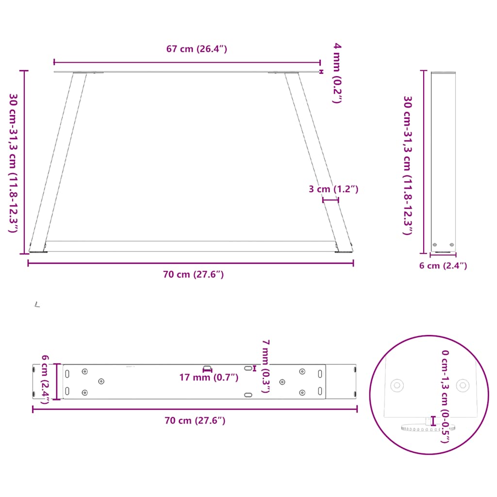 Dining table legs V shape 2pcs white 70x(30-31.3)cm steel