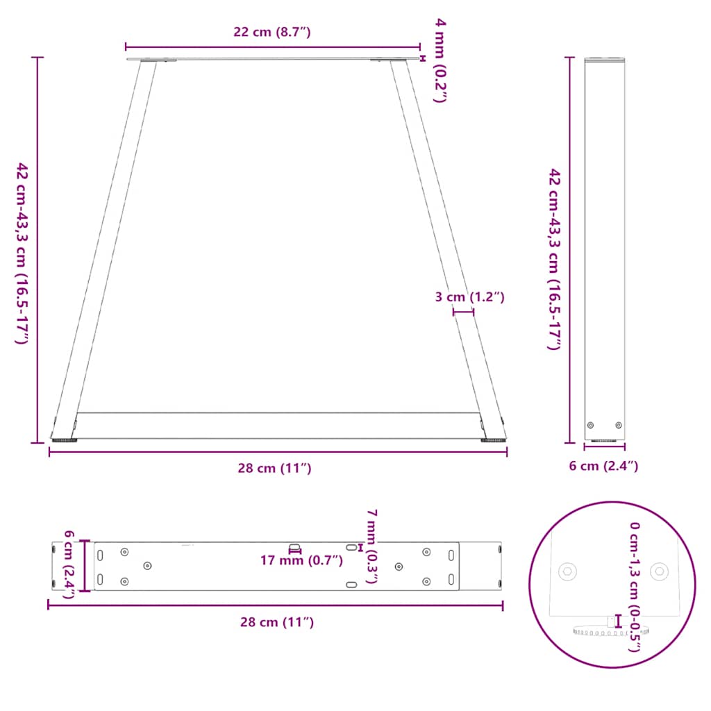 V-shaped dining table legs 2 pcs black 28x(42-43.3)cm