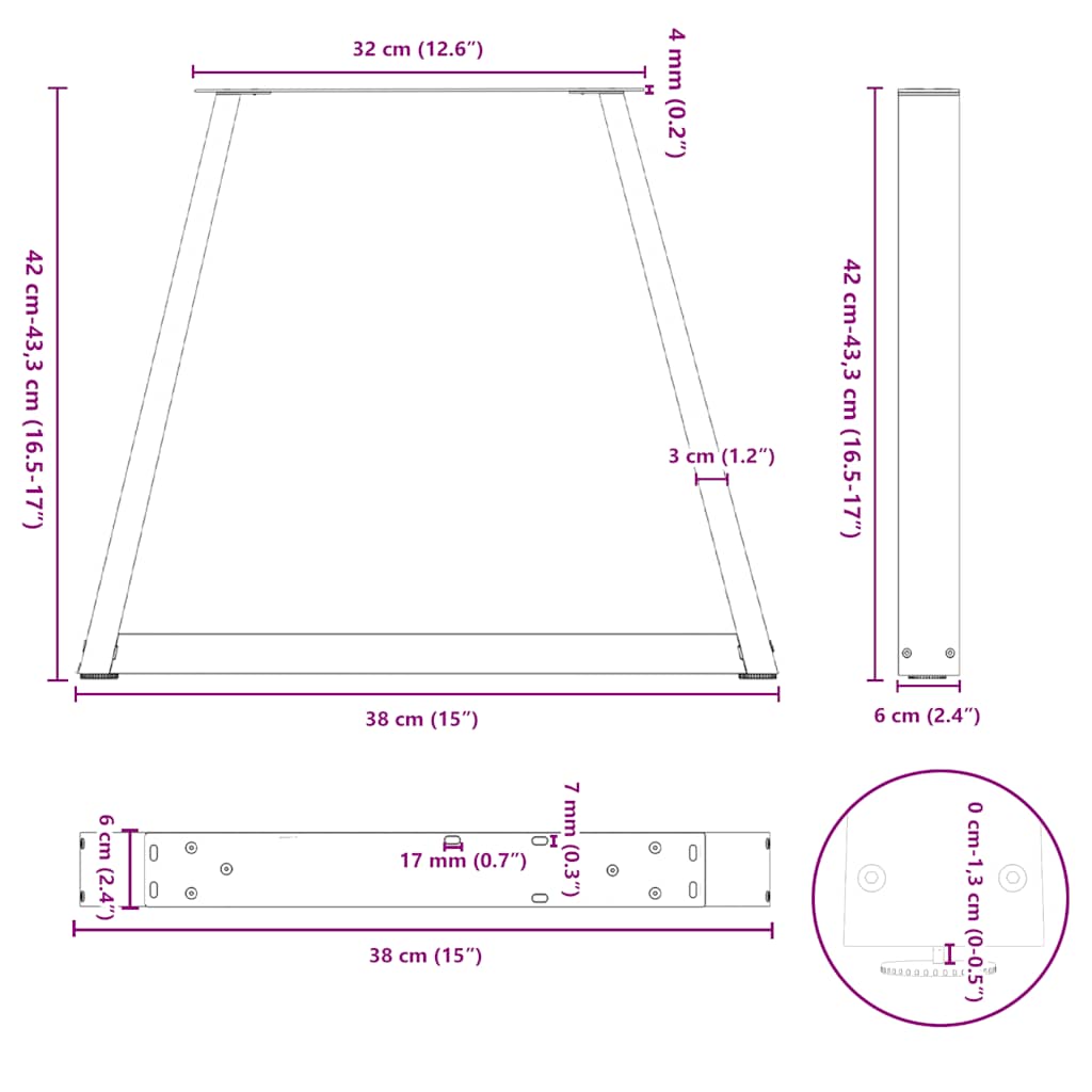 Pieds de table à manger forme de V 2 pcs noir 38x(42-43,3) cm