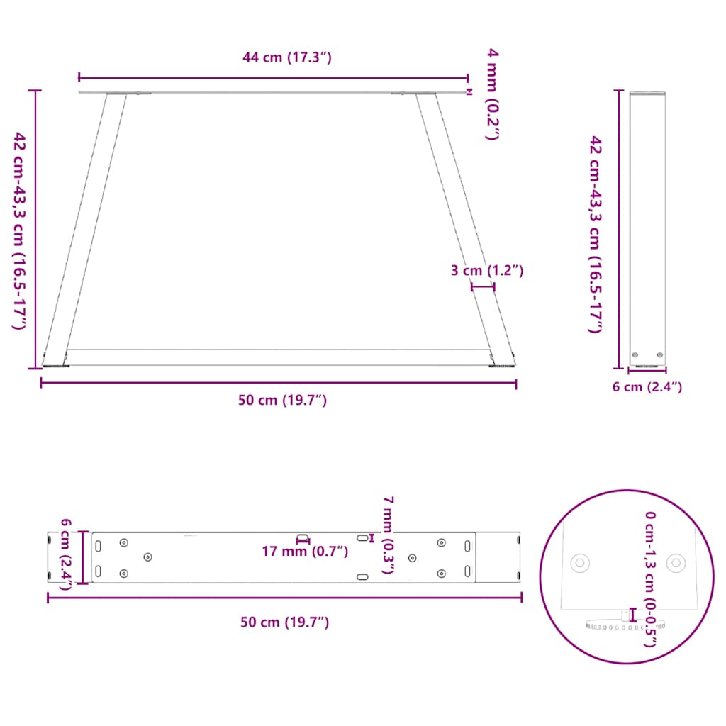 Dining table legs V shape 2 pcs black 50x(42-43.3)cm steel