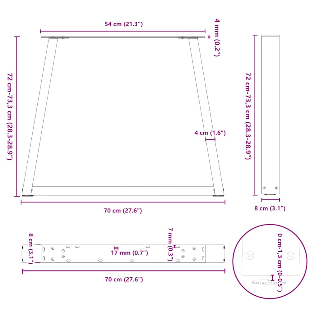 Dining table legs V shape 2 pcs black 70x(72-73.3)cm steel