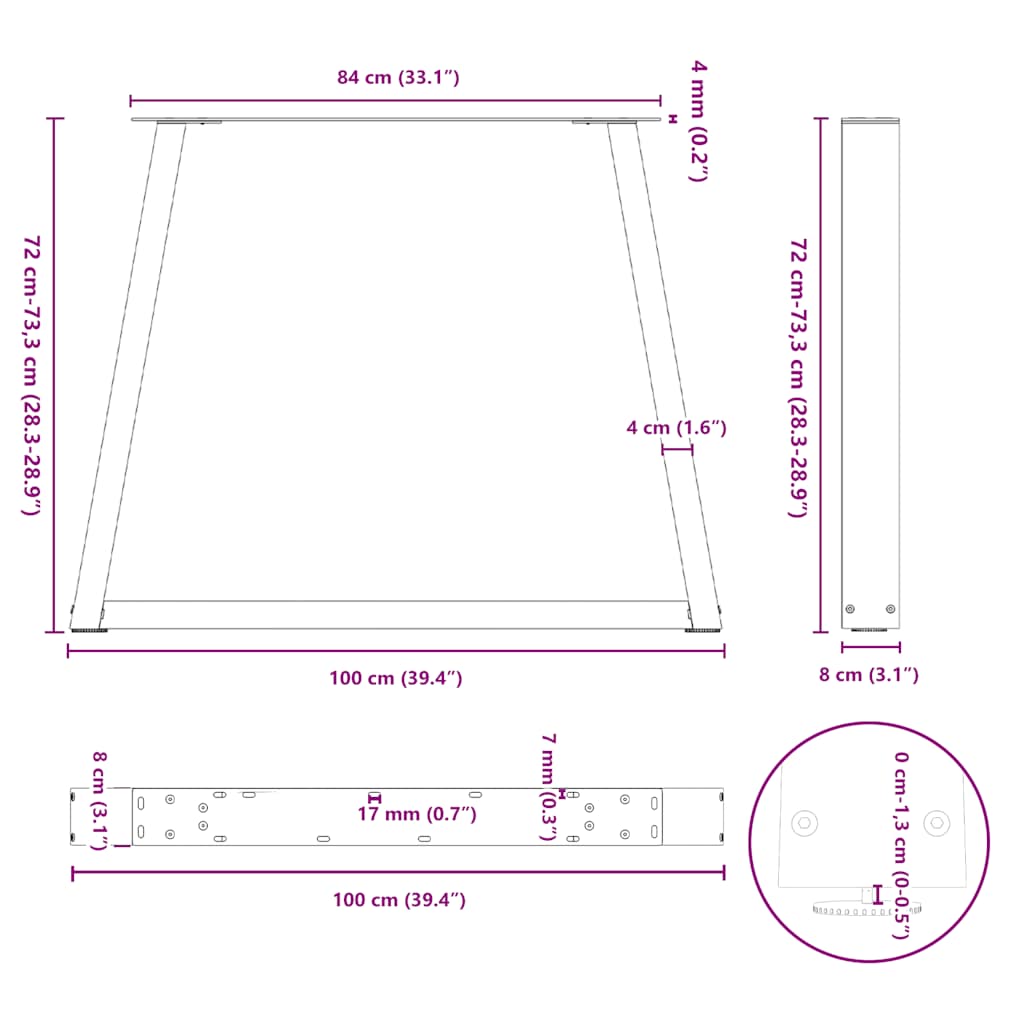 V-shaped dining table legs 3 pcs 100x(72-73.3) cm steel