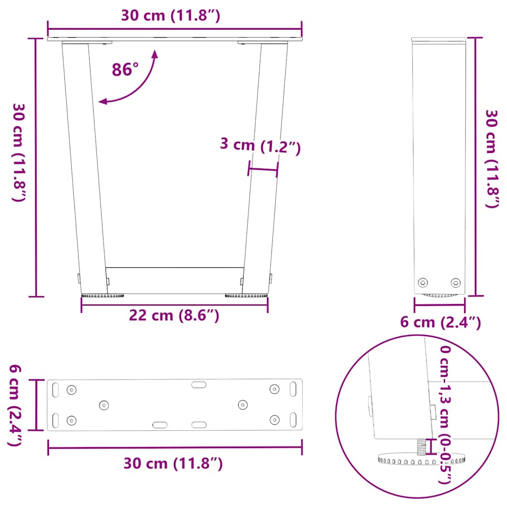 Dining table legs V shape 2pcs white 30x(30-31.3)cm steel