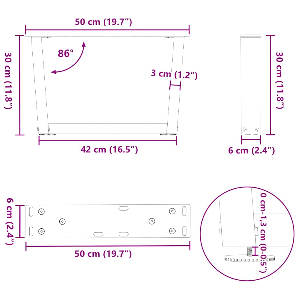 Dining table legs V shape 2 pcs black 50x(30-31.3)cm steel