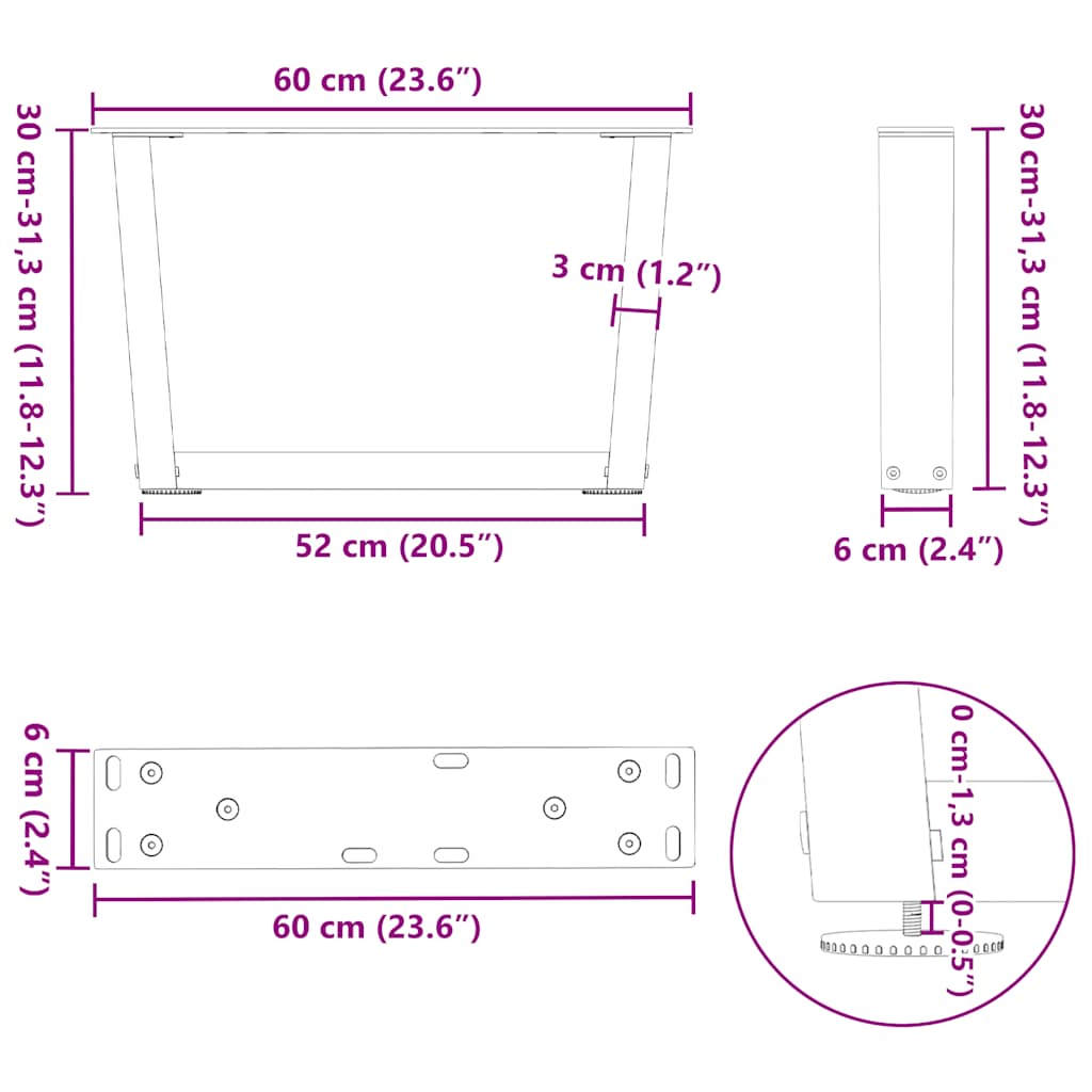 Dining table legs V shape 2 pcs black 60x(30-31.3)cm steel