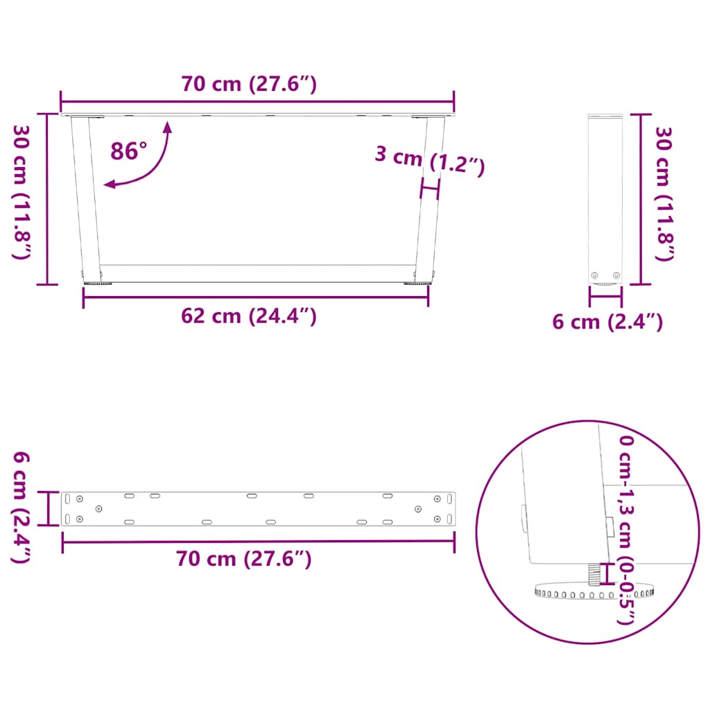 Dining table legs V shape 2 pcs black 70x(30-31.3)cm steel