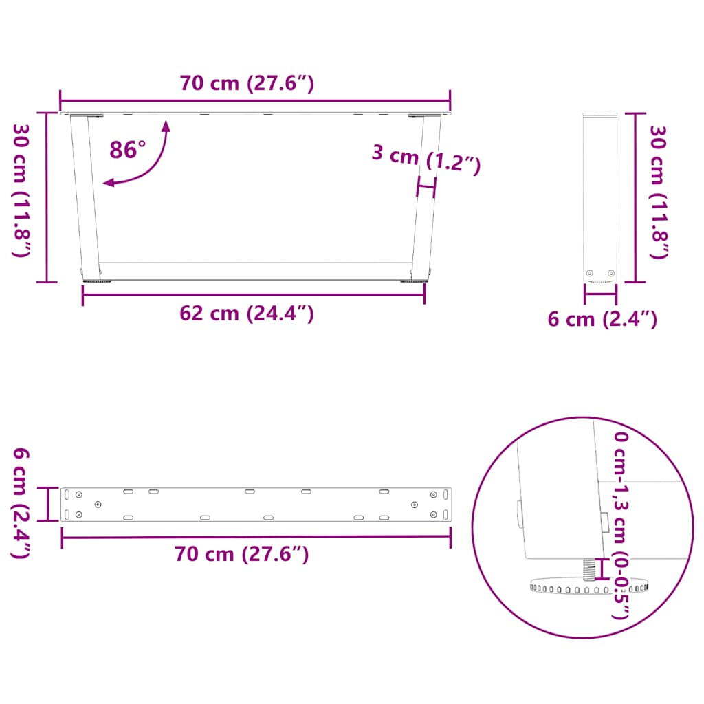 Pieds de table à manger forme V 2pcs blanc 70x(30-31,3)cm acier