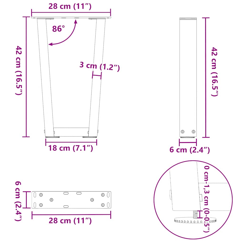 V-shaped dining table legs 2 pcs black 28x(42-43.3)cm