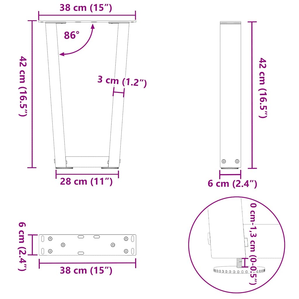 Dining table legs V shape 2 pcs white 38x(42-43.3) cm