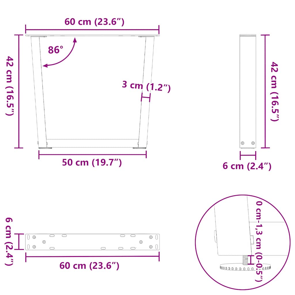 Dining table legs V shape 2pcs white 60x(42-43.3)cm steel