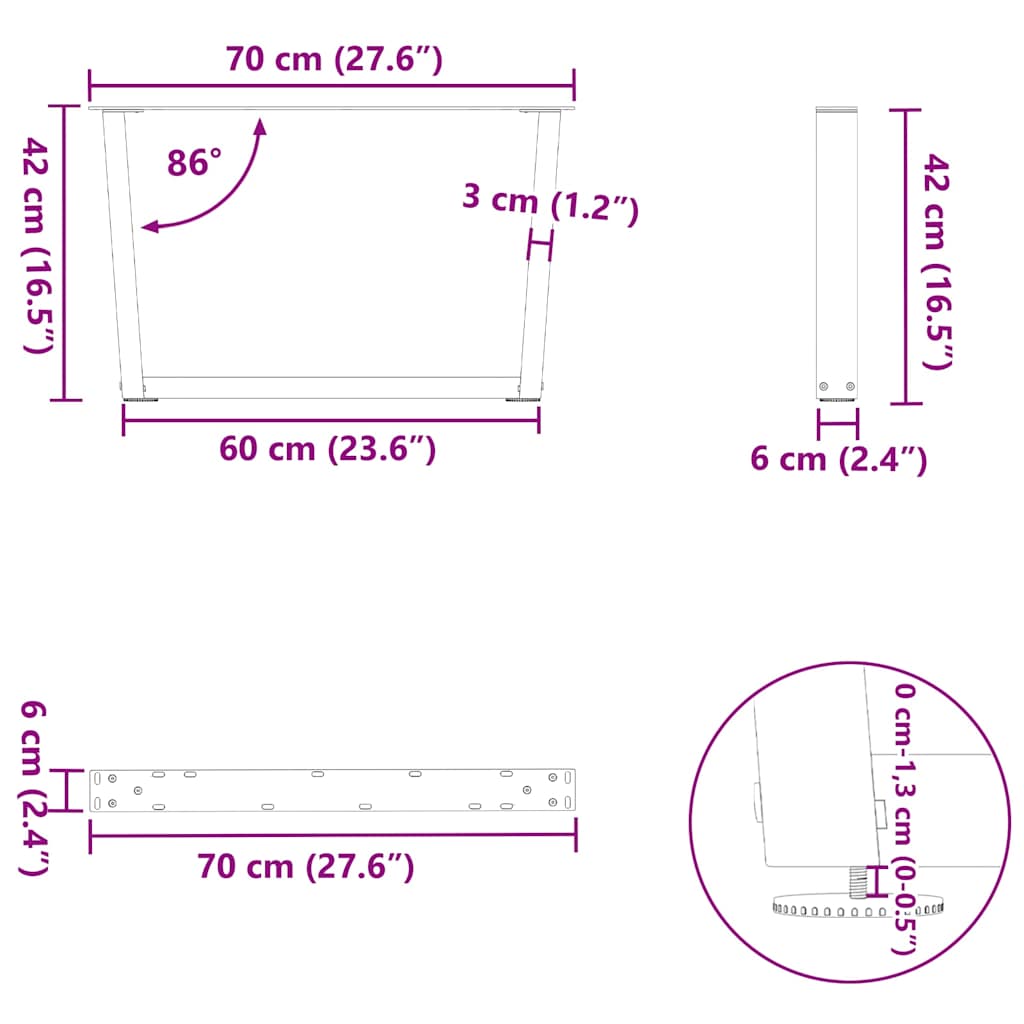 Dining table legs V shape 2pcs white 70x(42-43.3)cm steel