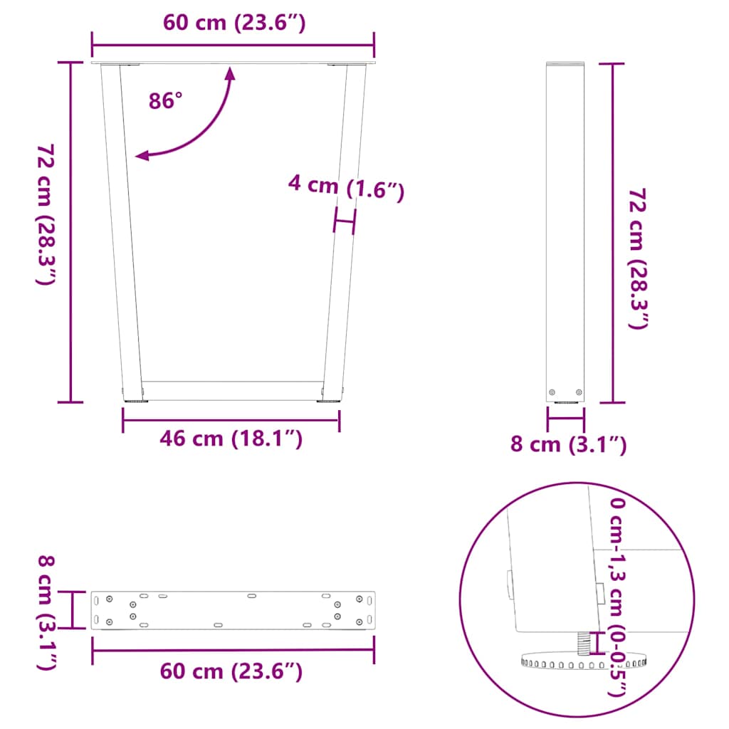 V-shaped dining table legs 2 pcs 60x(72-73.3) cm steel