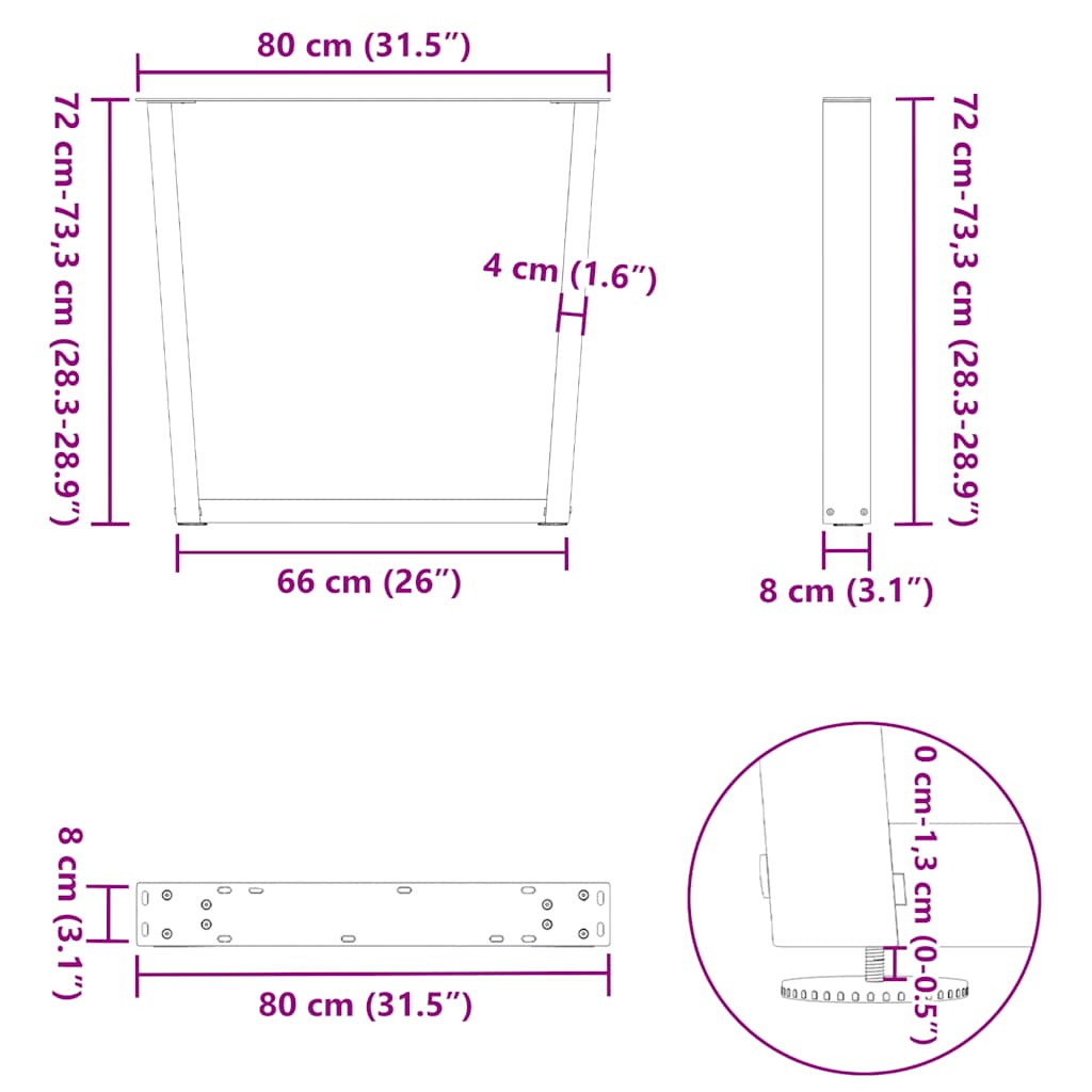 Pieds de table à manger forme de V 2 pcs 80x(72-73,3) cm acier