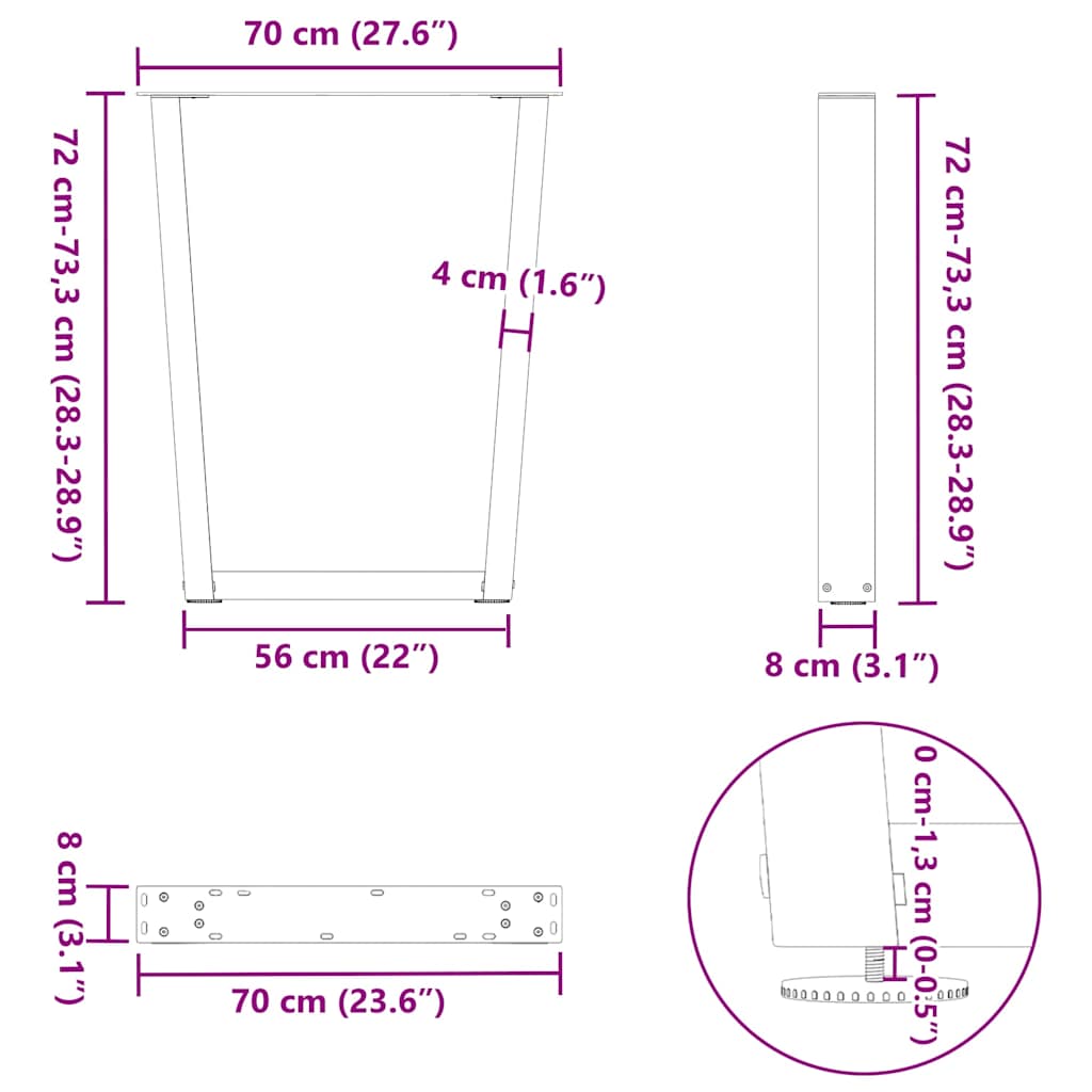 V-shaped dining table legs 3 pcs black 70x(72-73.3) cm