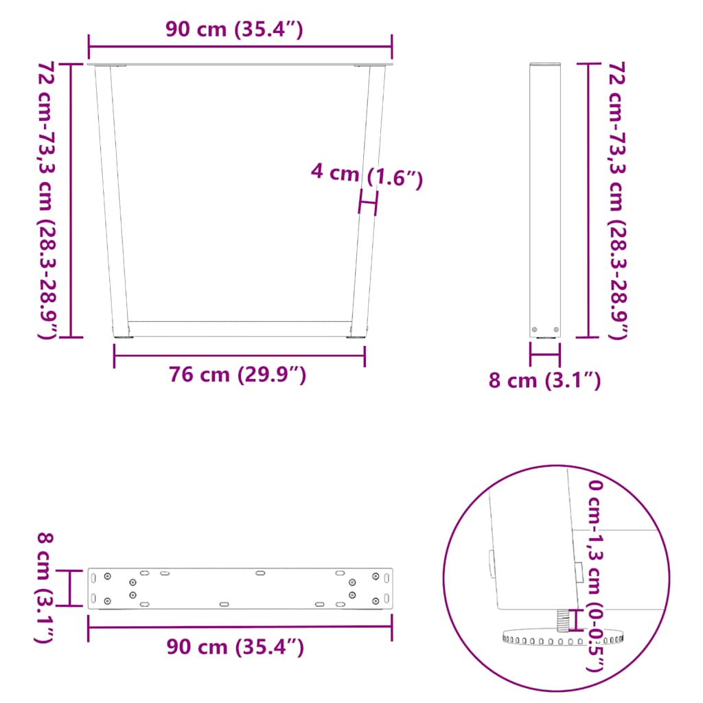 V-shaped dining table legs 3 pcs black 90x(72-73.3) cm