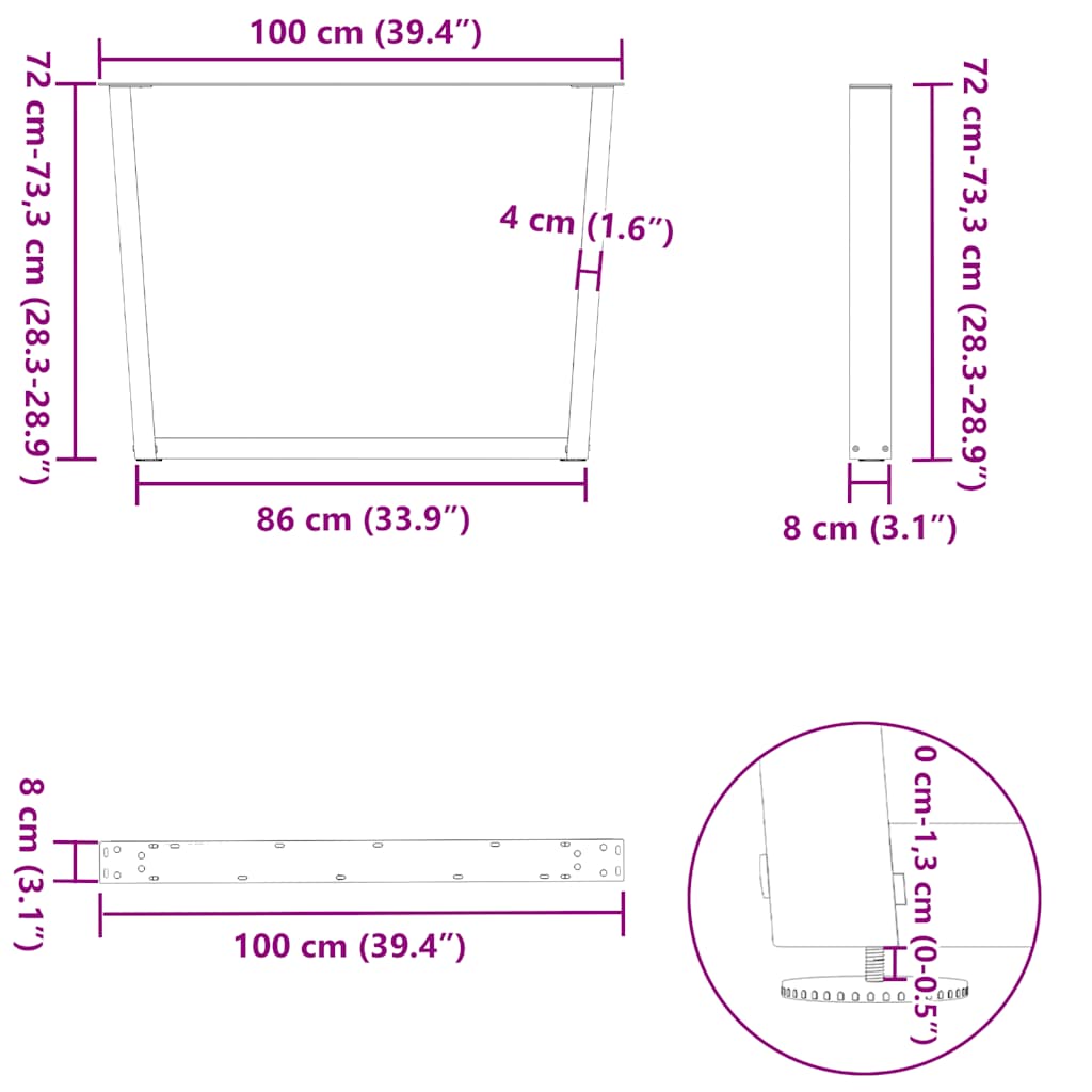 Pieds de table à manger forme de V 3 pcs 100x(72-73,3) cm acier