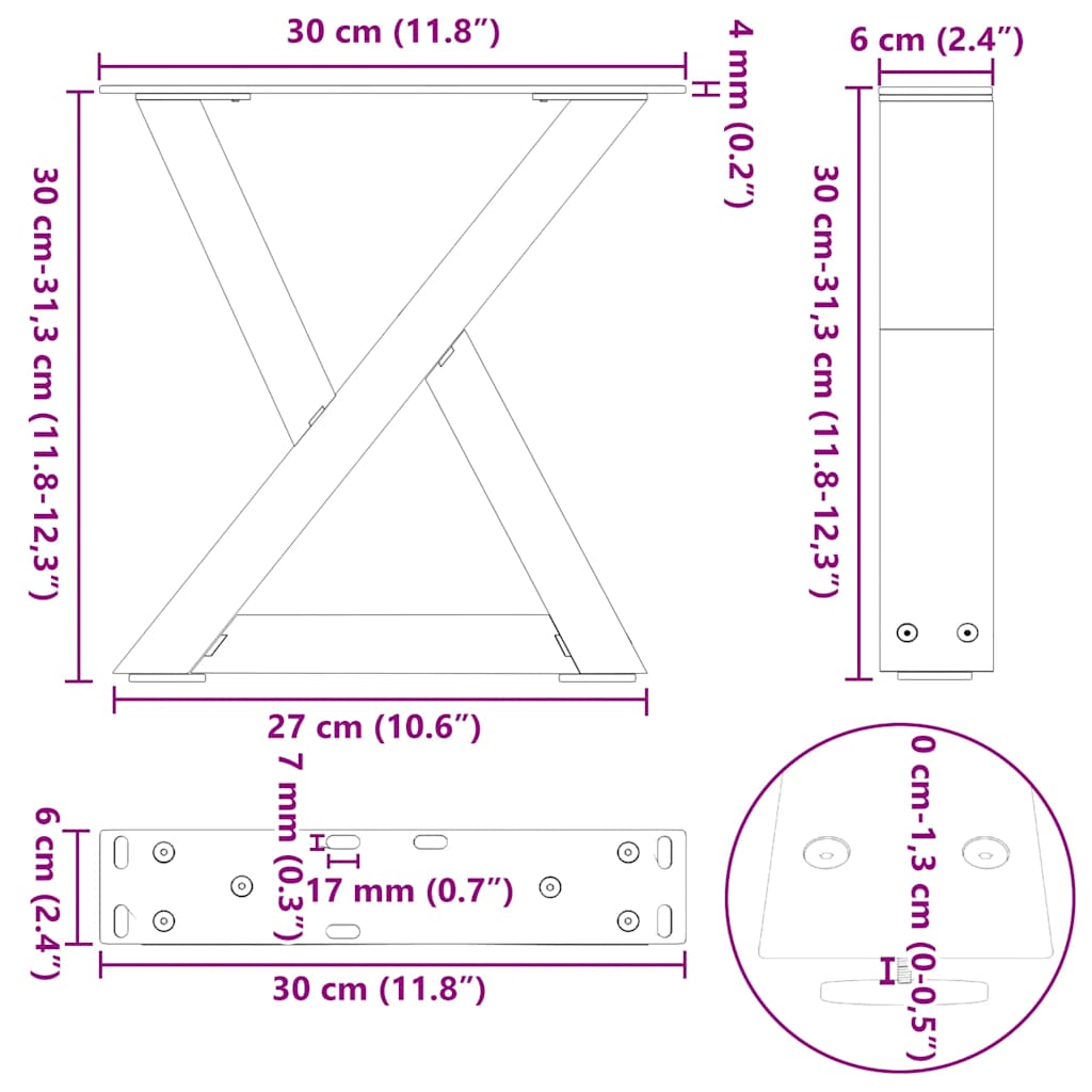 Coffee table legs 2 pcs black 30x(30-31.3) cm steel