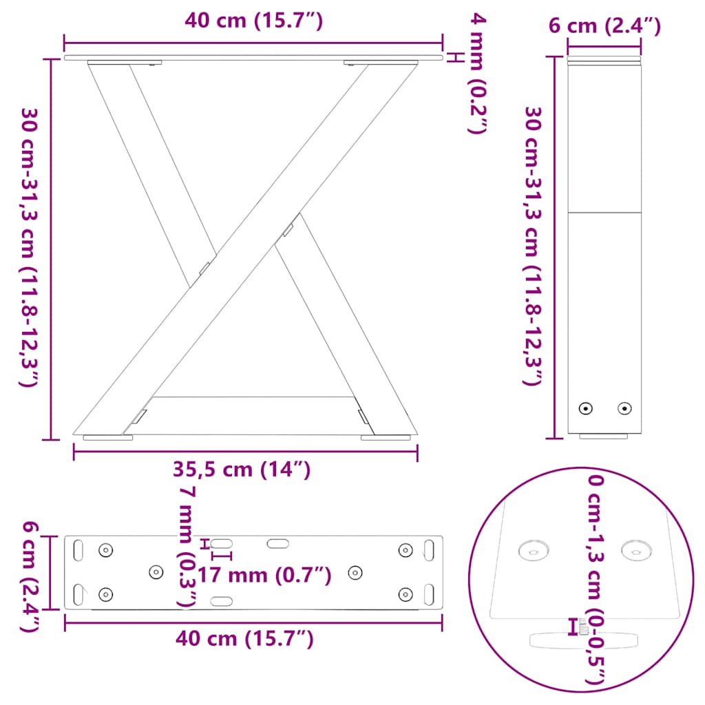 Coffee table legs 2 pcs white 40x(30-31.3) cm steel