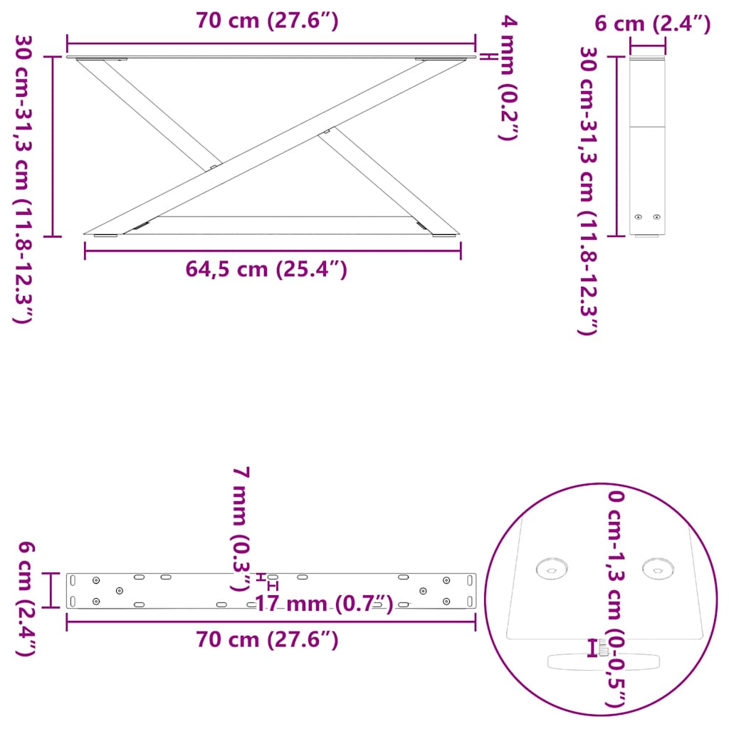 Coffee table legs 2 pcs black 70x(30-31.3) cm steel