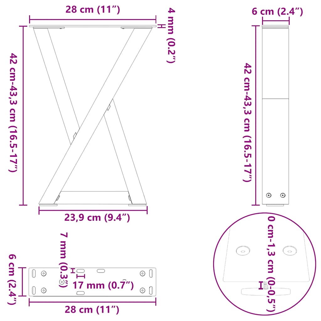 Coffee table legs 2 pcs black 28x(42-43.3) cm steel