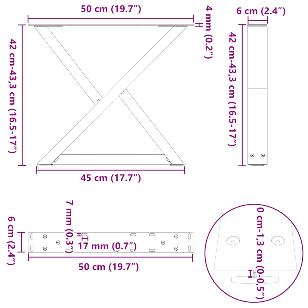 Coffee table legs 2 pcs white 50x(42-43.3) cm steel