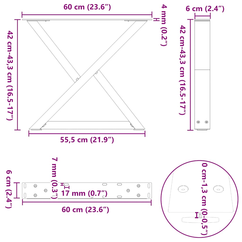 Coffee table legs 2 pcs black 60x(42-43.3) cm steel