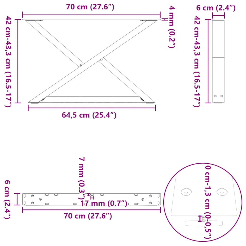 Coffee table legs 2 pcs white 70x(42-43.3) cm steel