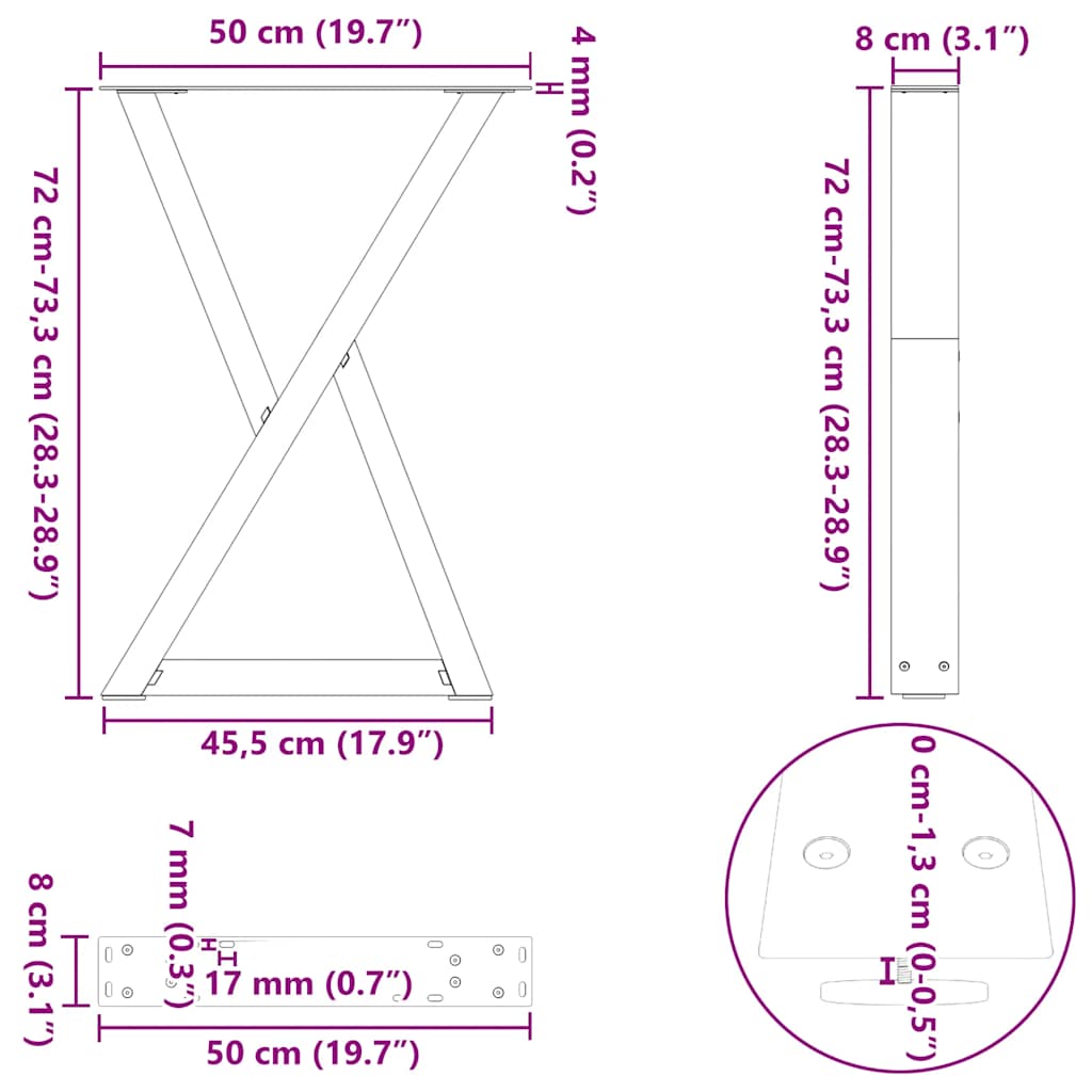 Dining table legs 2pcs white 50x(72-73.3)cm steel