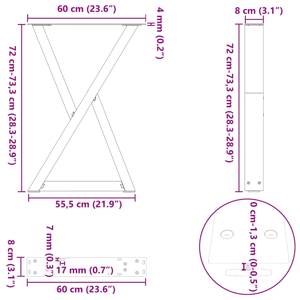 Dining table legs 2pcs natural steel 60x(72-73.3)cm steel