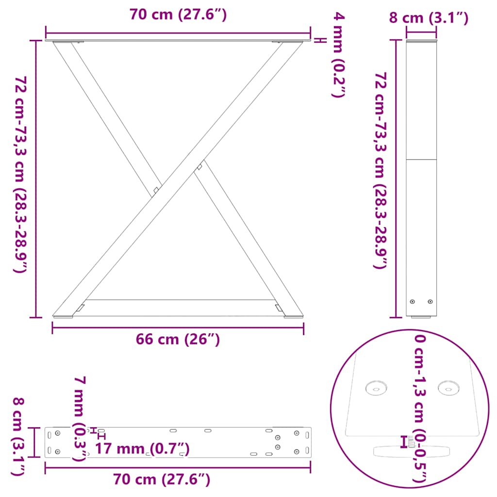 Dining table legs 2 pcs black 70x(72-73.3)cm steel